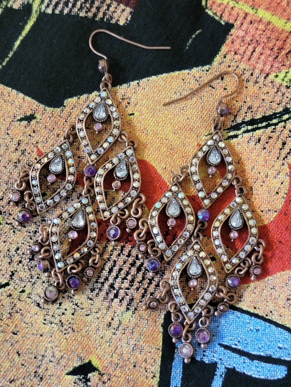 Bohemian Filigree Chandlier Dangle Earrings in Purple Pinkand Iridescent Crystal